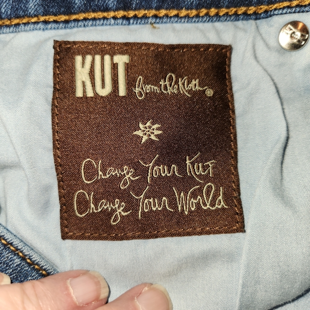 Kut From The Kloth Catherine Boyfriend Patchwork Jeans Size 10 Frayed Raw Hem - Picture 14 of 15